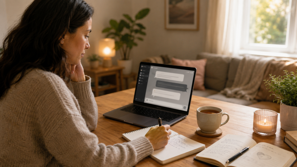 A woman using AI before a therapy session