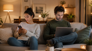 A couple sitting on a couch, distracted by screens