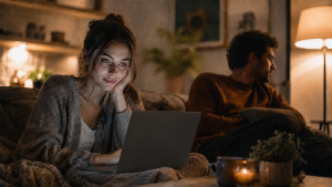 A woman looking at her computer screen while her spouse looks away